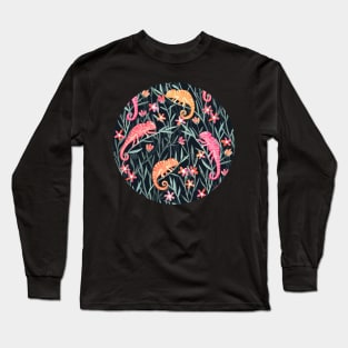 Pink and Orange Chameleons on Charcoal Long Sleeve T-Shirt